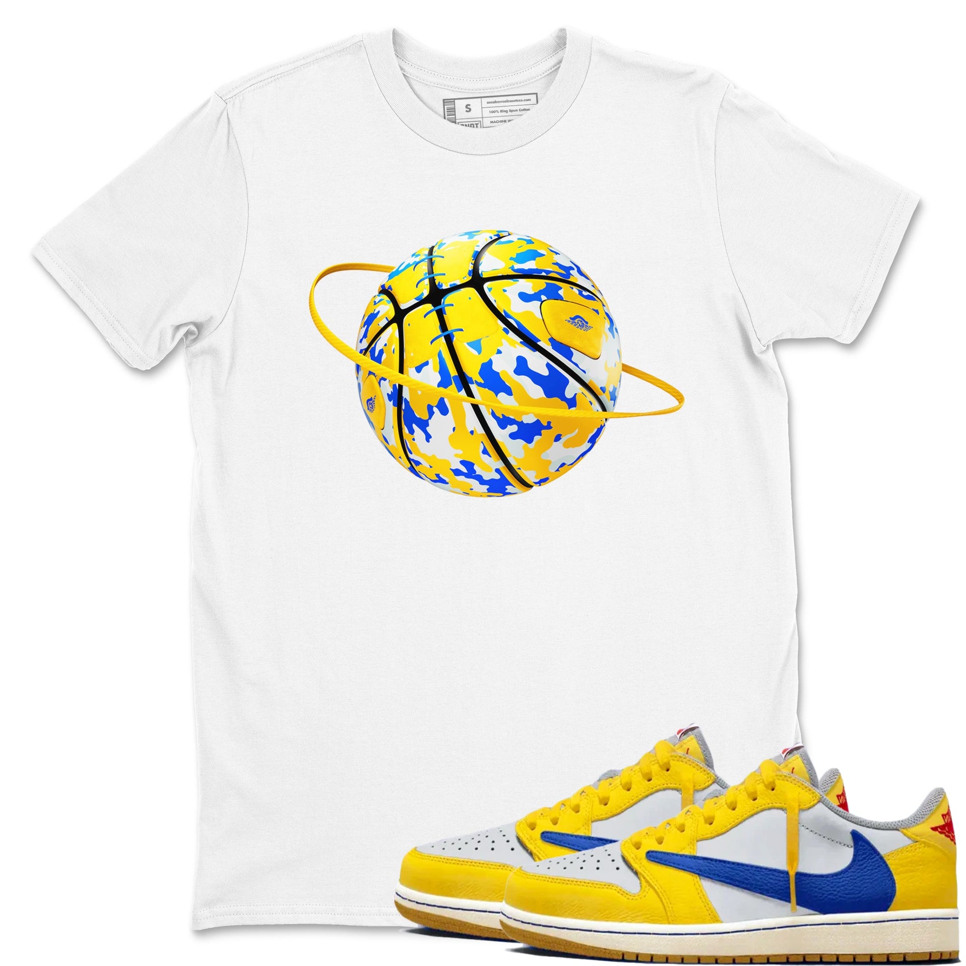1s Travis Scott Canary shirt to match jordans Camo Basketball Planet sneaker tees Air Jordan 1 Travis Scott Canary SNRT Sneaker Release Tees unisex cotton White 1 crew neck shirt