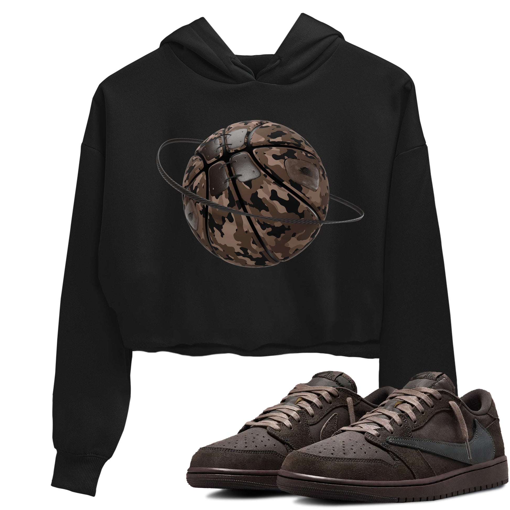 Air Jordan 1 Travis Scott Velvet Brown shirts to match jordans Camo Basketball Planet sneaker match tees Travis Scott x Air Jordan 1 Low OG Velvet Brown best t shirts to wear with jordans SNRT Sneaker Tees unisex cotton Black 1 crop tee