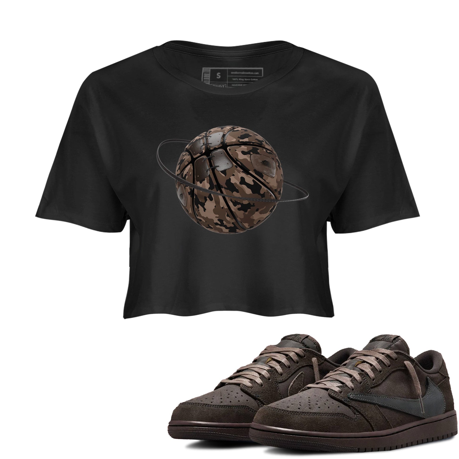 Air Jordan 1 Travis Scott Velvet Brown shirts to match jordans Camo Basketball Planet sneaker match tees Travis Scott x Air Jordan 1 Low OG Velvet Brown best t shirts to wear with jordans SNRT Sneaker Tees unisex cotton Black 1 crop tee