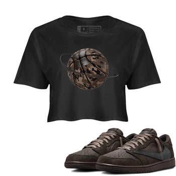 Air Jordan 1 Travis Scott Velvet Brown shirts to match jordans Camo Basketball Planet sneaker match tees Travis Scott x Air Jordan 1 Low OG Velvet Brown best t shirts to wear with jordans SNRT Sneaker Tees unisex cotton Black 1 crop tee