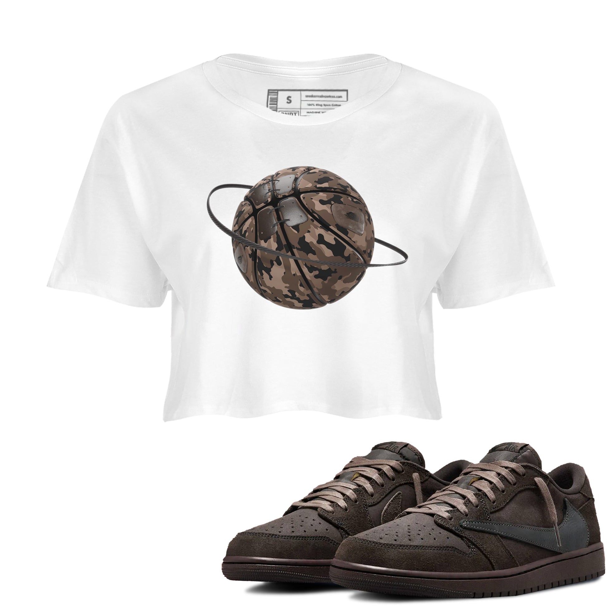 Air Jordan 1 Travis Scott Velvet Brown shirts to match jordans Camo Basketball Planet sneaker match tees Travis Scott x Air Jordan 1 Low OG Velvet Brown best t shirts to wear with jordans SNRT Sneaker Tees unisex cotton White 1 crop tee