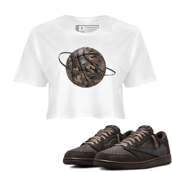 Air Jordan 1 Travis Scott Velvet Brown shirts to match jordans Camo Basketball Planet sneaker match tees Travis Scott x Air Jordan 1 Low OG Velvet Brown best t shirts to wear with jordans SNRT Sneaker Tees unisex cotton White 1 crop tee
