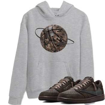 Air Jordan 1 Travis Scott Velvet Brown shirts to match jordans Camo Basketball Planet sneaker match tees Travis Scott x Air Jordan 1 Low OG Velvet Brown best t shirts to wear with jordans SNRT Sneaker Tees unisex cotton Heather Grey 1 shirts