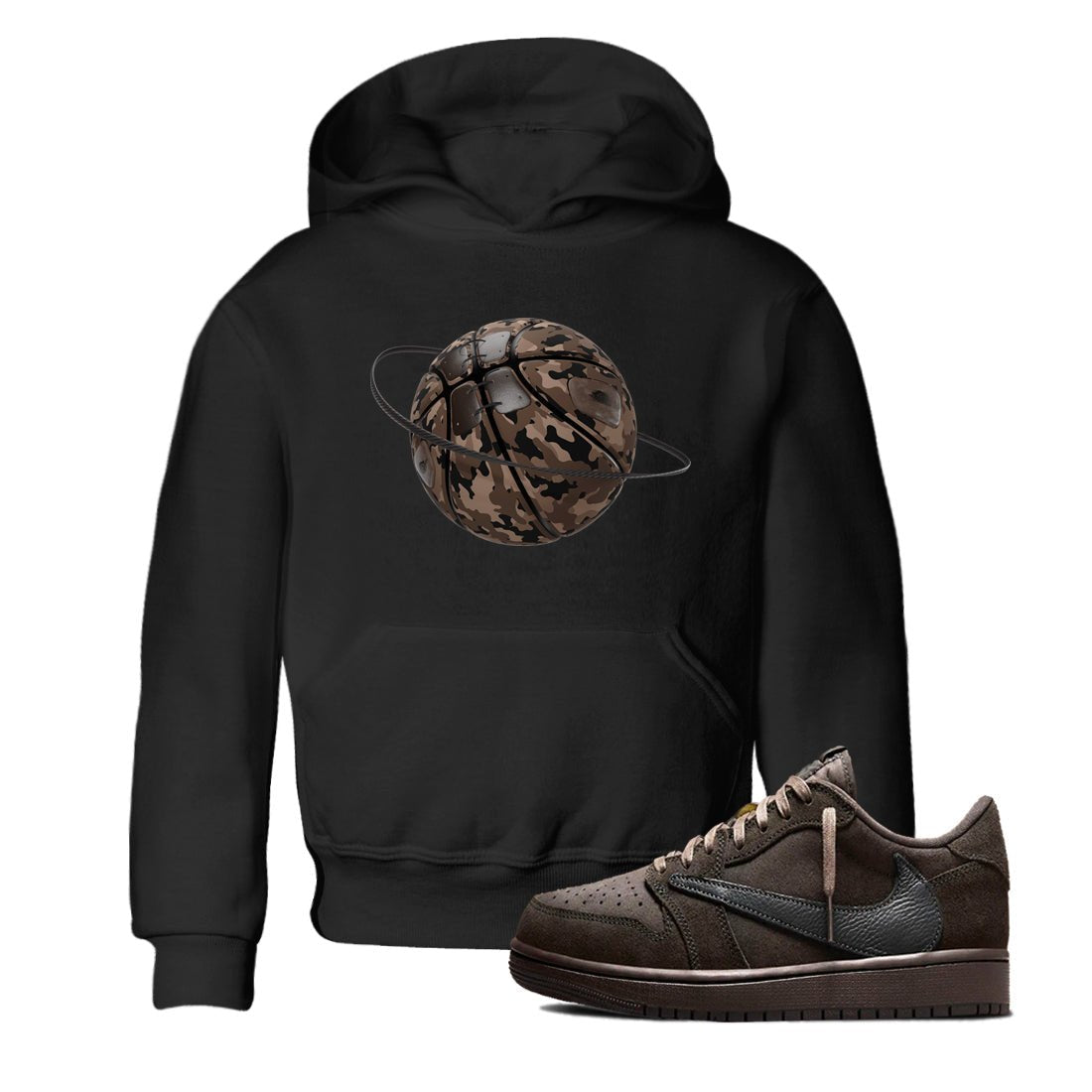 Air Jordan 1 Travis Scott Velvet Brown shirts to match jordans Camo Basketball Planet sneaker match tees Travis Scott x Air Jordan 1 Low OG Velvet Brown best t shirts to wear with jordans SNRT Sneaker Tees Youth Baby Black 1 tee