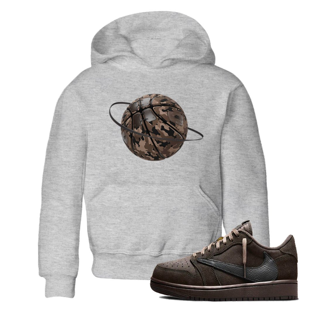 Air Jordan 1 Travis Scott Velvet Brown shirts to match jordans Camo Basketball Planet sneaker match tees Travis Scott x Air Jordan 1 Low OG Velvet Brown best t shirts to wear with jordans SNRT Sneaker Tees Youth Baby Heather Grey 1 tee