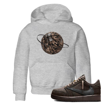Air Jordan 1 Travis Scott Velvet Brown shirts to match jordans Camo Basketball Planet sneaker match tees Travis Scott x Air Jordan 1 Low OG Velvet Brown best t shirts to wear with jordans SNRT Sneaker Tees Youth Baby Heather Grey 1 tee