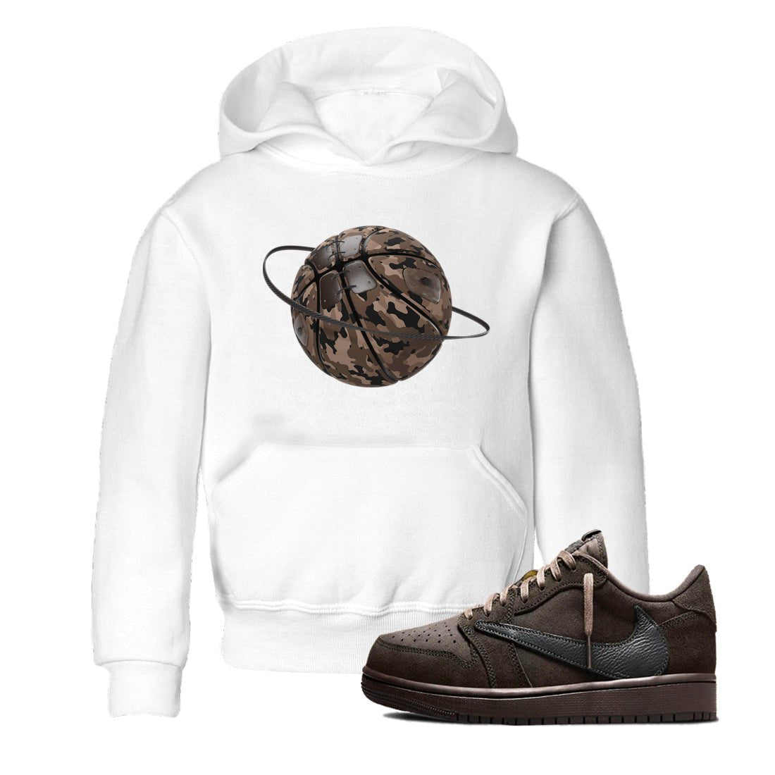 Air Jordan 1 Travis Scott Velvet Brown shirts to match jordans Camo Basketball Planet sneaker match tees Travis Scott x Air Jordan 1 Low OG Velvet Brown best t shirts to wear with jordans SNRT Sneaker Tees Youth Baby White 1 tee
