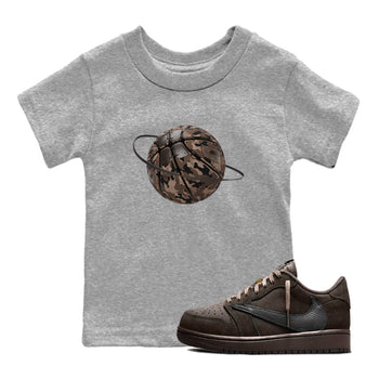 Air Jordan 1 Travis Scott Velvet Brown shirts to match jordans Camo Basketball Planet sneaker match tees Travis Scott x Air Jordan 1 Low OG Velvet Brown best t shirts to wear with jordans SNRT Sneaker Tees Youth Baby Heather Grey 1 tee