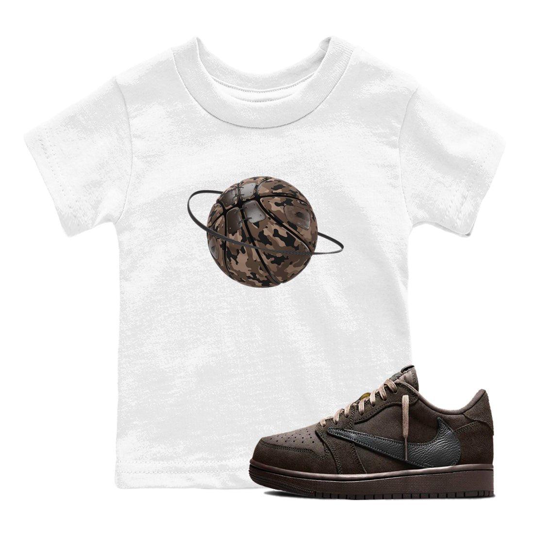 Air Jordan 1 Travis Scott Velvet Brown shirts to match jordans Camo Basketball Planet sneaker match tees Travis Scott x Air Jordan 1 Low OG Velvet Brown best t shirts to wear with jordans SNRT Sneaker Tees Youth Baby White 1 tee