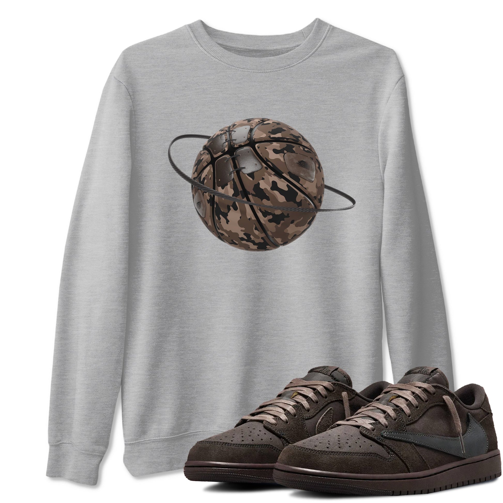 Air Jordan 1 Travis Scott Velvet Brown shirts to match jordans Camo Basketball Planet sneaker match tees Travis Scott x Air Jordan 1 Low OG Velvet Brown best t shirts to wear with jordans SNRT Sneaker Tees unisex cotton Heather Grey 1 shirts