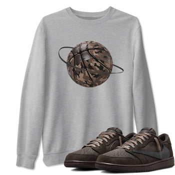 Air Jordan 1 Travis Scott Velvet Brown shirts to match jordans Camo Basketball Planet sneaker match tees Travis Scott x Air Jordan 1 Low OG Velvet Brown best t shirts to wear with jordans SNRT Sneaker Tees unisex cotton Heather Grey 1 shirts