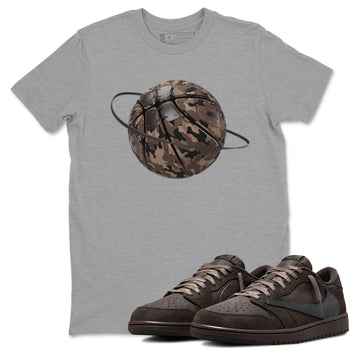 Air Jordan 1 Travis Scott Velvet Brown shirts to match jordans Camo Basketball Planet sneaker match tees Travis Scott x Air Jordan 1 Low OG Velvet Brown best t shirts to wear with jordans SNRT Sneaker Tees unisex cotton Heather Grey 1 shirts
