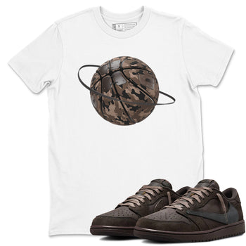 Air Jordan 1 Travis Scott Velvet Brown shirts to match jordans Camo Basketball Planet sneaker match tees Travis Scott x Air Jordan 1 Low OG Velvet Brown best t shirts to wear with jordans SNRT Sneaker Tees unisex cotton White 1 shirts