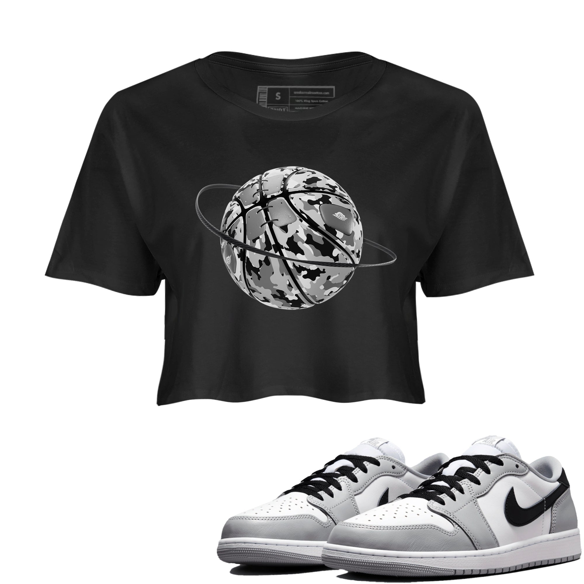 1s Wolf Grey shirts to match jordans Camo Basketball Planet sneaker match tees Air Jordan 1 Wolf Grey SNRT Sneaker Tees streetwear brand Black 1 crop tee