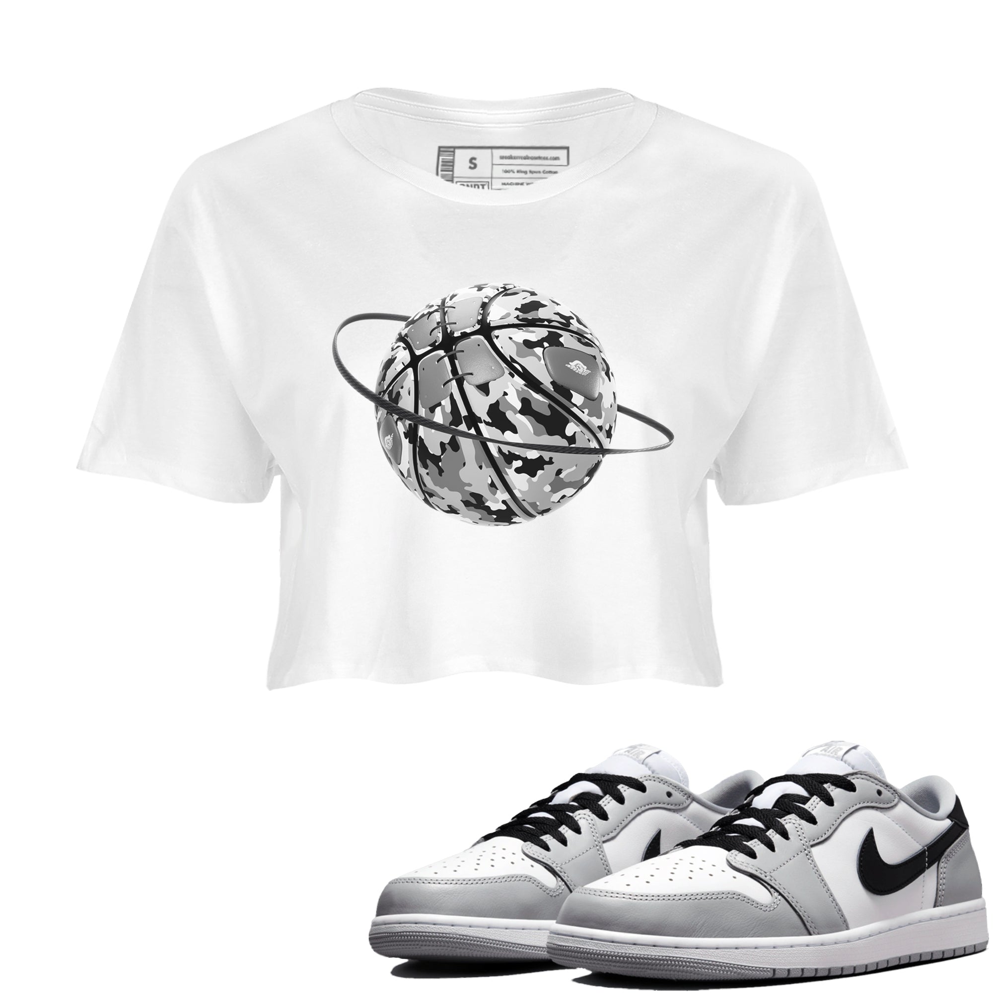 1s Wolf Grey shirts to match jordans Camo Basketball Planet sneaker match tees Air Jordan 1 Wolf Grey SNRT Sneaker Tees streetwear brand White 1 crop tee