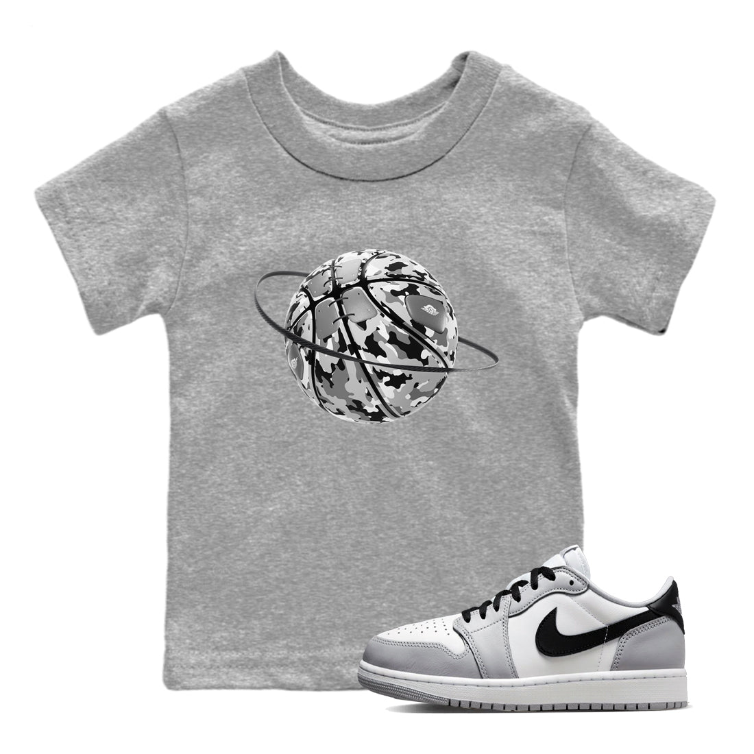 1s Wolf Grey shirts to match jordans Camo Basketball Planet sneaker match tees Air Jordan 1 Wolf Grey SNRT Sneaker Tees streetwear brand Baby and Youth Heather Grey 1 cotton tee
