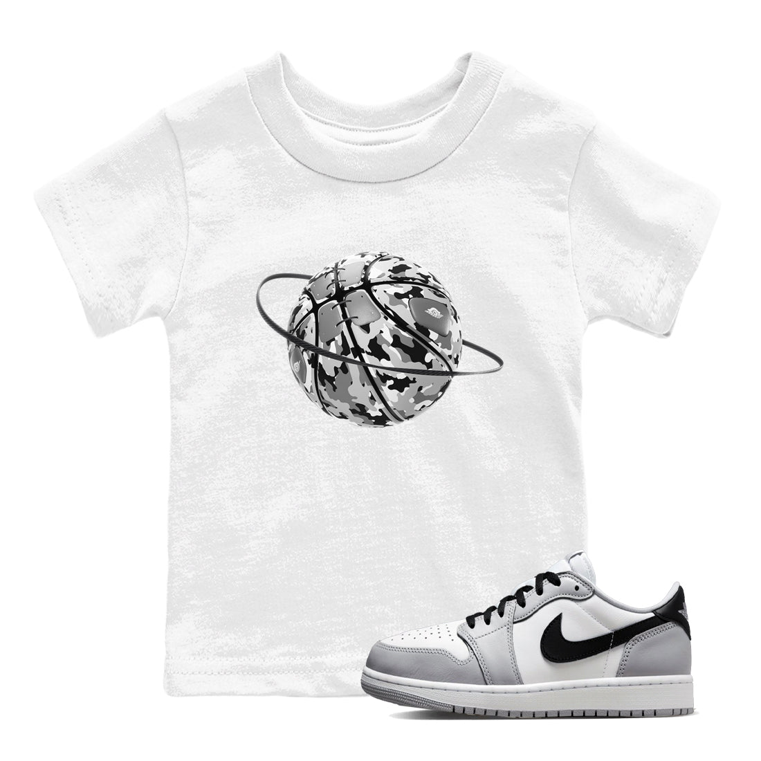 1s Wolf Grey shirts to match jordans Camo Basketball Planet sneaker match tees Air Jordan 1 Wolf Grey SNRT Sneaker Tees streetwear brand Baby and Youth White 1 cotton tee
