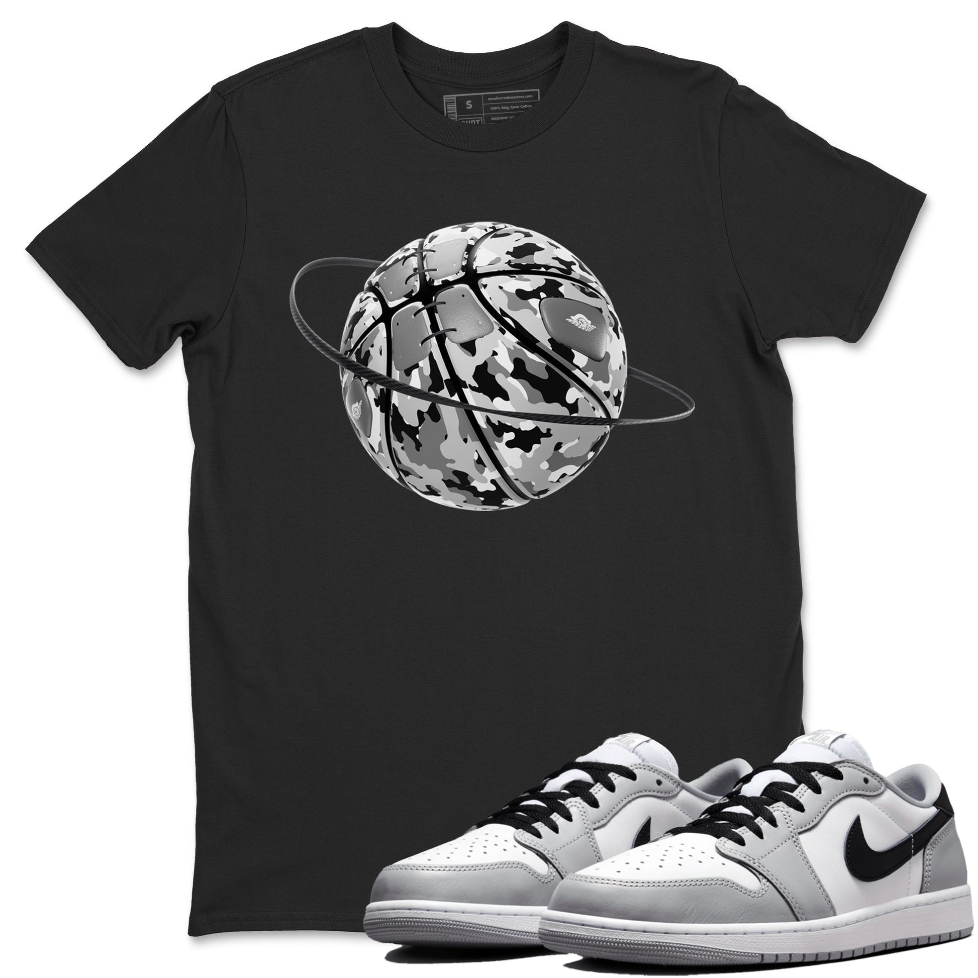 1s Wolf Grey shirts to match jordans Camo Basketball Planet sneaker match tees Air Jordan 1 Wolf Grey SNRT Sneaker Tees streetwear brand Black 1 unisex cotton tee