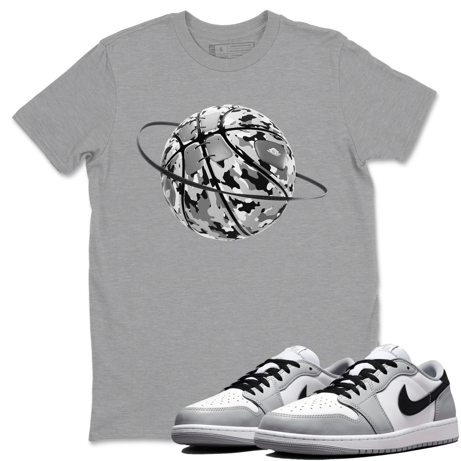 1s Wolf Grey shirts to match jordans Camo Basketball Planet sneaker match tees Air Jordan 1 Wolf Grey SNRT Sneaker Tees streetwear brand Heather Grey 1 unisex cotton tee