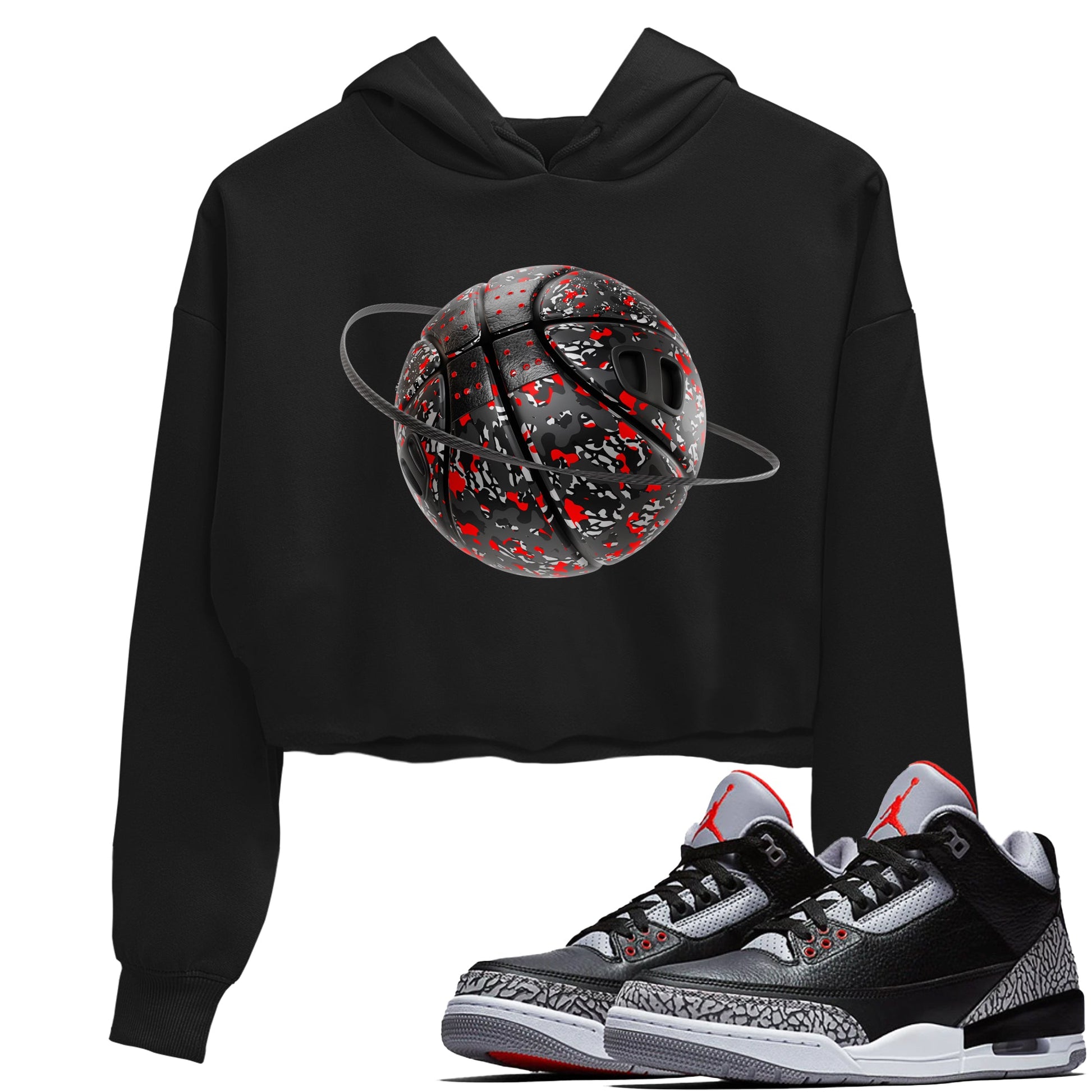 3s Black Cement shirts to match jordans Camo Basketball Planet sneaker match tees Air Jordan 3 Black Cement match shoes to clothes SNRT Sneaker Tees unisex cotton Black 1 crop tee