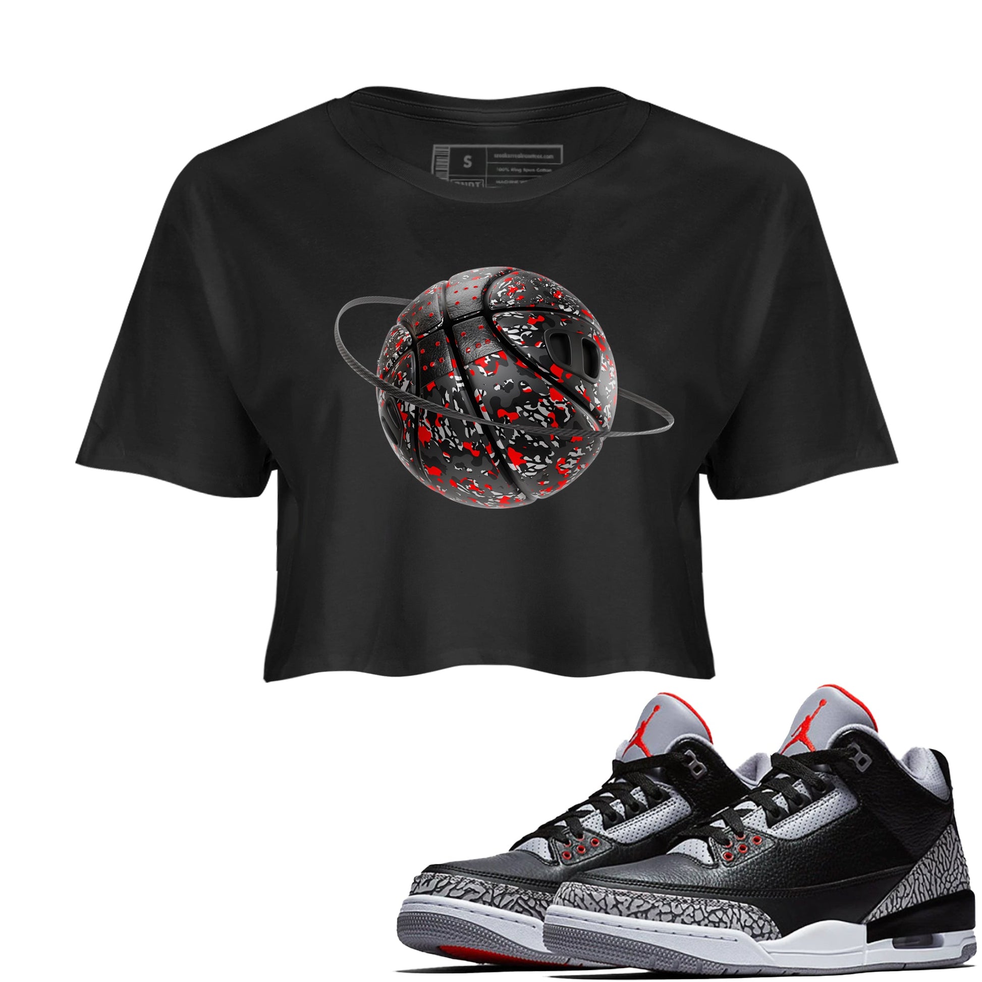 3s Black Cement shirts to match jordans Camo Basketball Planet sneaker match tees Air Jordan 3 Black Cement match shoes to clothes SNRT Sneaker Tees unisex cotton Black 1 crop tee