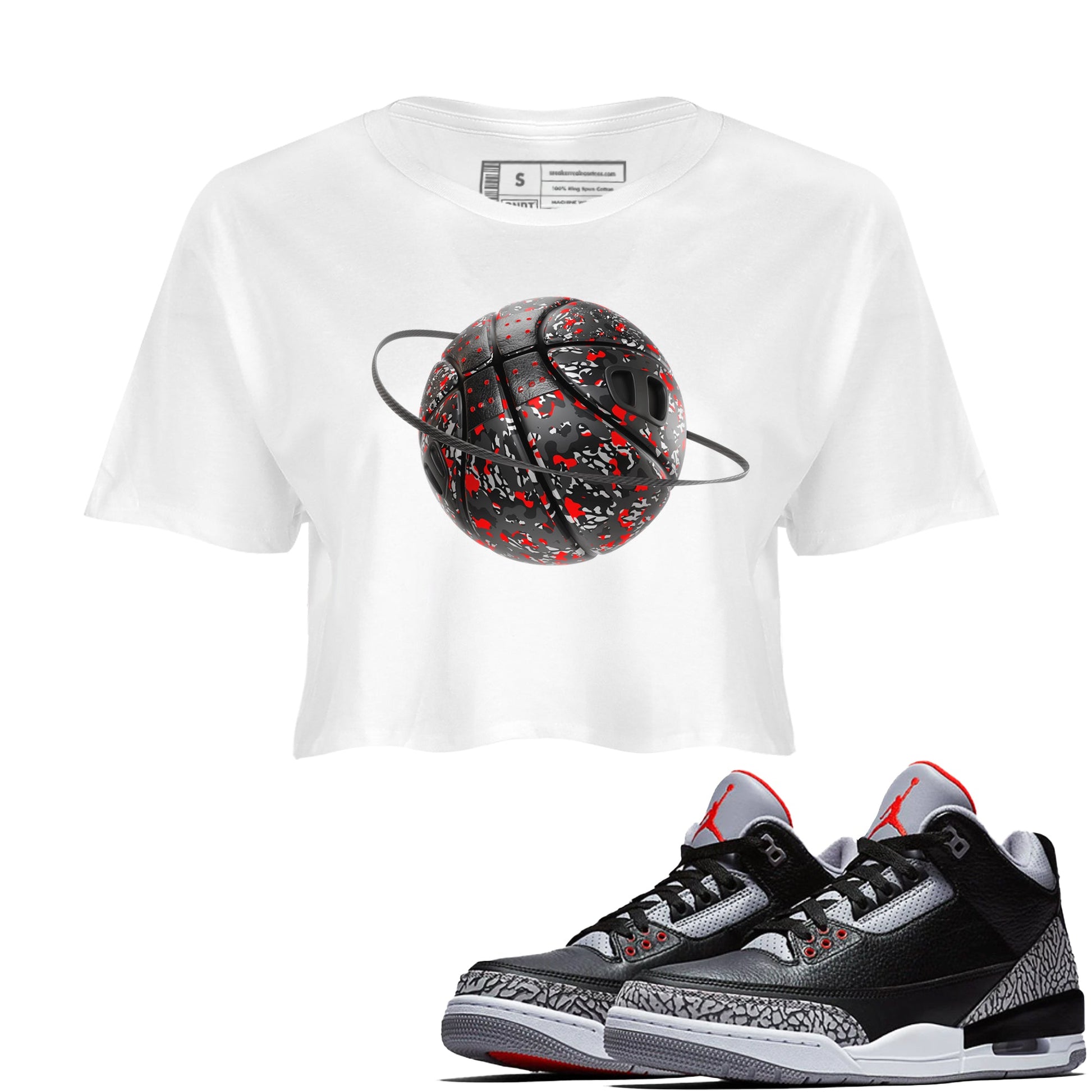 3s Black Cement shirts to match jordans Camo Basketball Planet sneaker match tees Air Jordan 3 Black Cement match shoes to clothes SNRT Sneaker Tees unisex cotton White 1 crop tee
