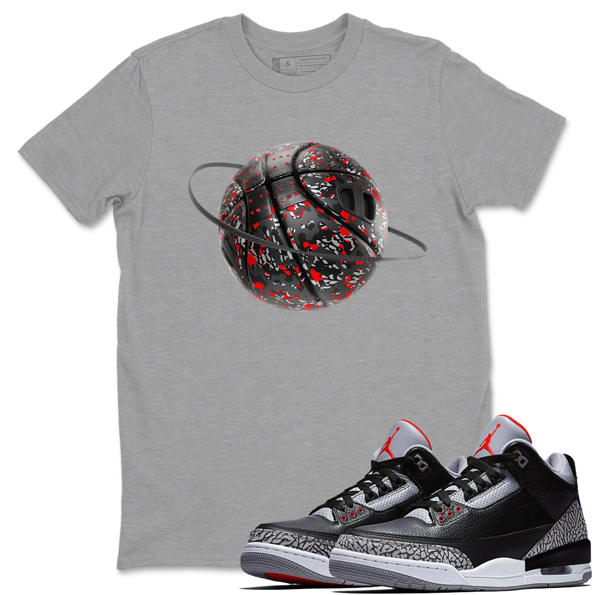 3s Black Cement shirts to match jordans Camo Basketball Planet sneaker match tees Air Jordan 3 Black Cement match shoes to clothes SNRT Sneaker Tees unisex cotton Heather Grey 1 shirts