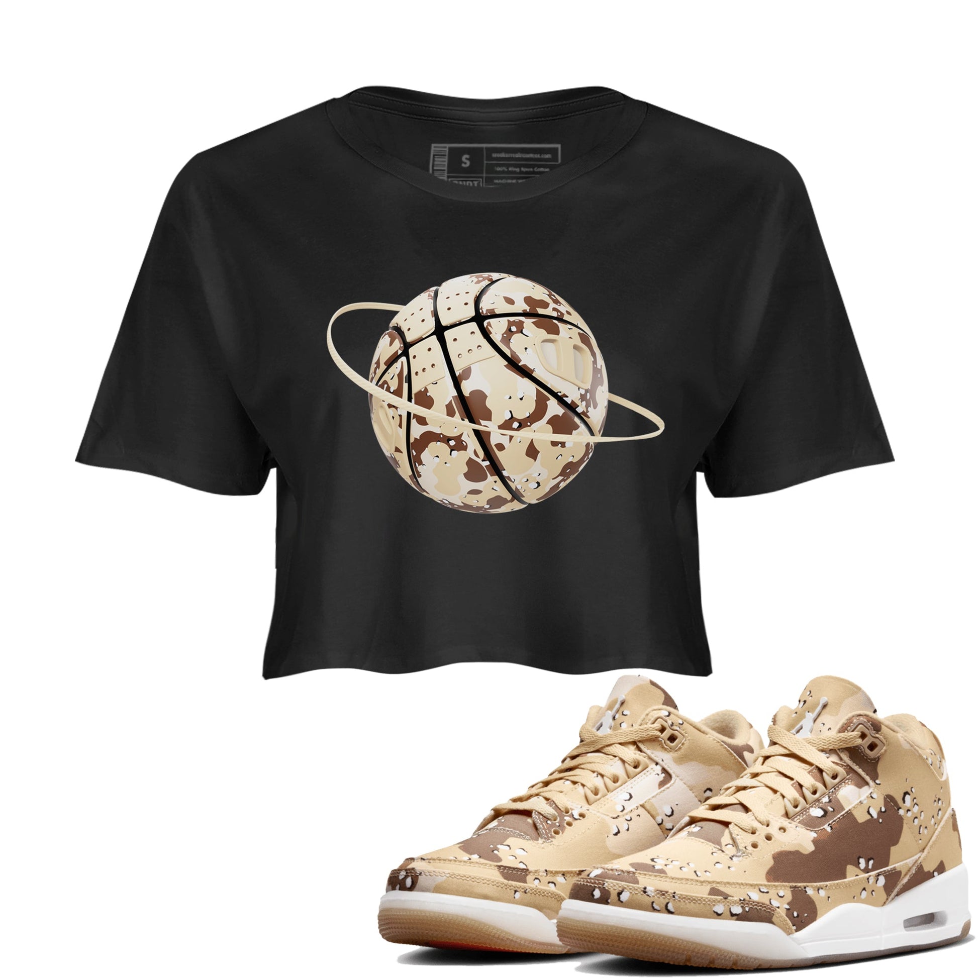 AJ3 Desert Camo shirts to match jordans Camo Basketball Planet sneaker match tees Air Jordan 3 Desert Camo SNRT Sneaker Tees streetwear brand Black 1 crop tee