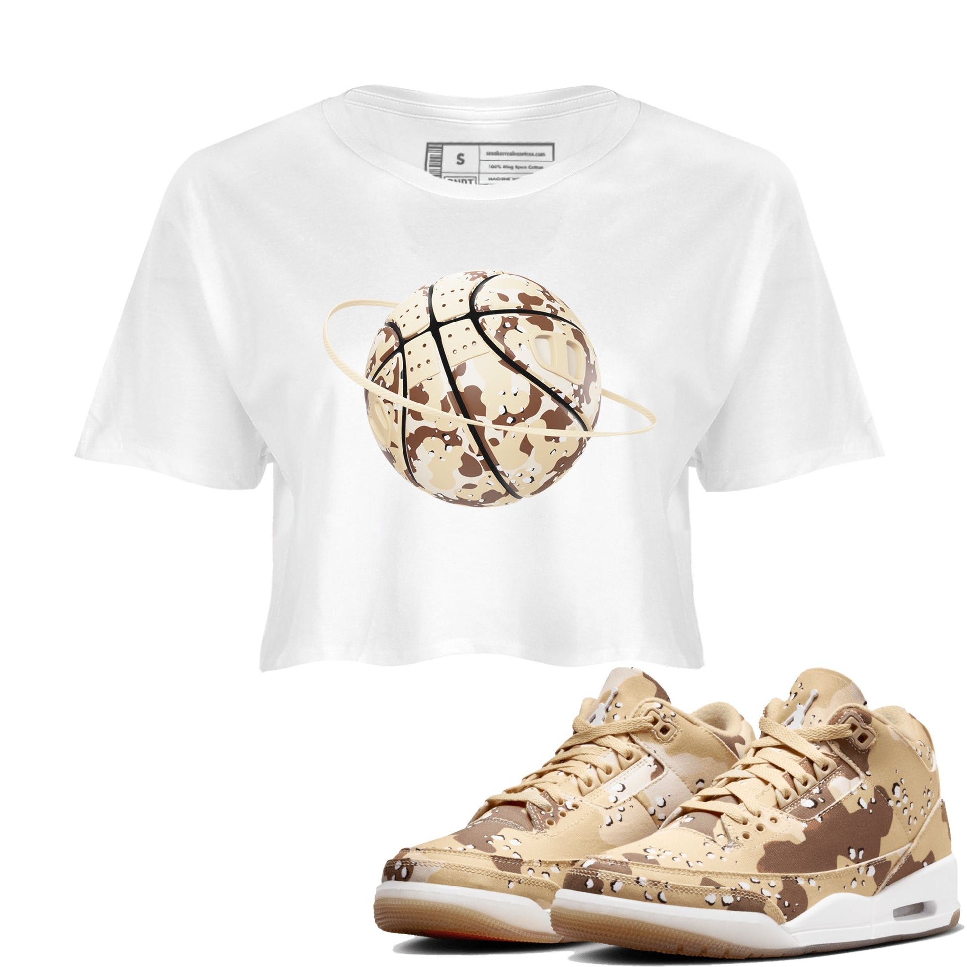 AJ3 Desert Camo shirts to match jordans Camo Basketball Planet sneaker match tees Air Jordan 3 Desert Camo SNRT Sneaker Tees streetwear brand White 1 crop tee