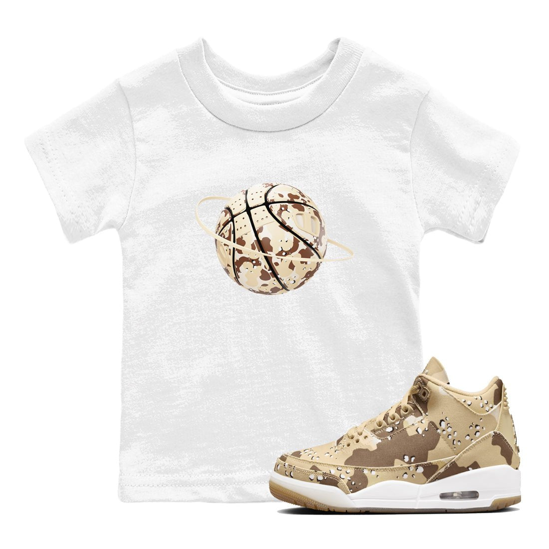 AJ3 Desert Camo shirts to match jordans Camo Basketball Planet sneaker match tees Air Jordan 3 Desert Camo SNRT Sneaker Tees streetwear brand Baby and Youth White 1 cotton tee
