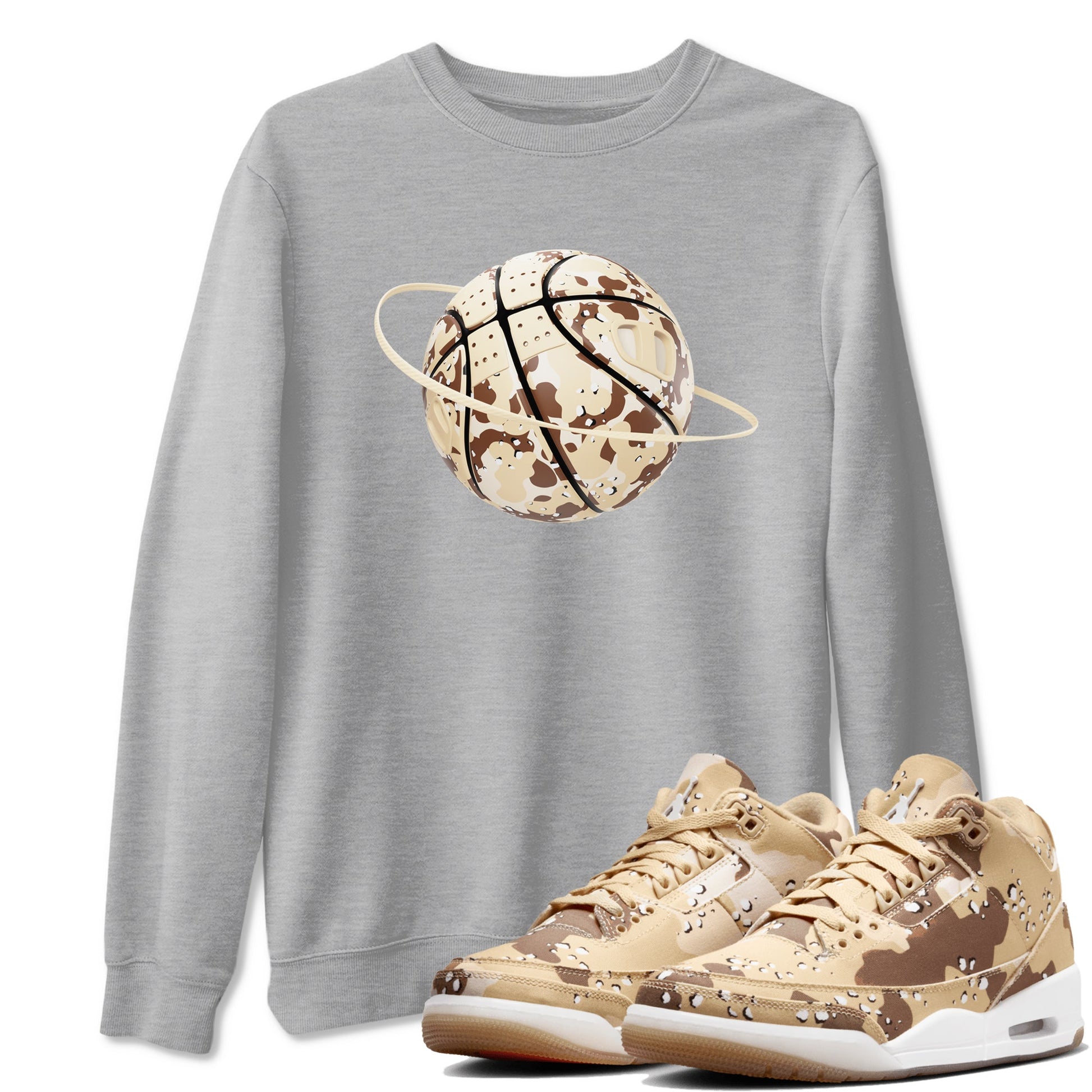 AJ3 Desert Camo shirts to match jordans Camo Basketball Planet sneaker match tees Air Jordan 3 Desert Camo SNRT Sneaker Tees streetwear brand Heather Grey 1 unisex cotton tee