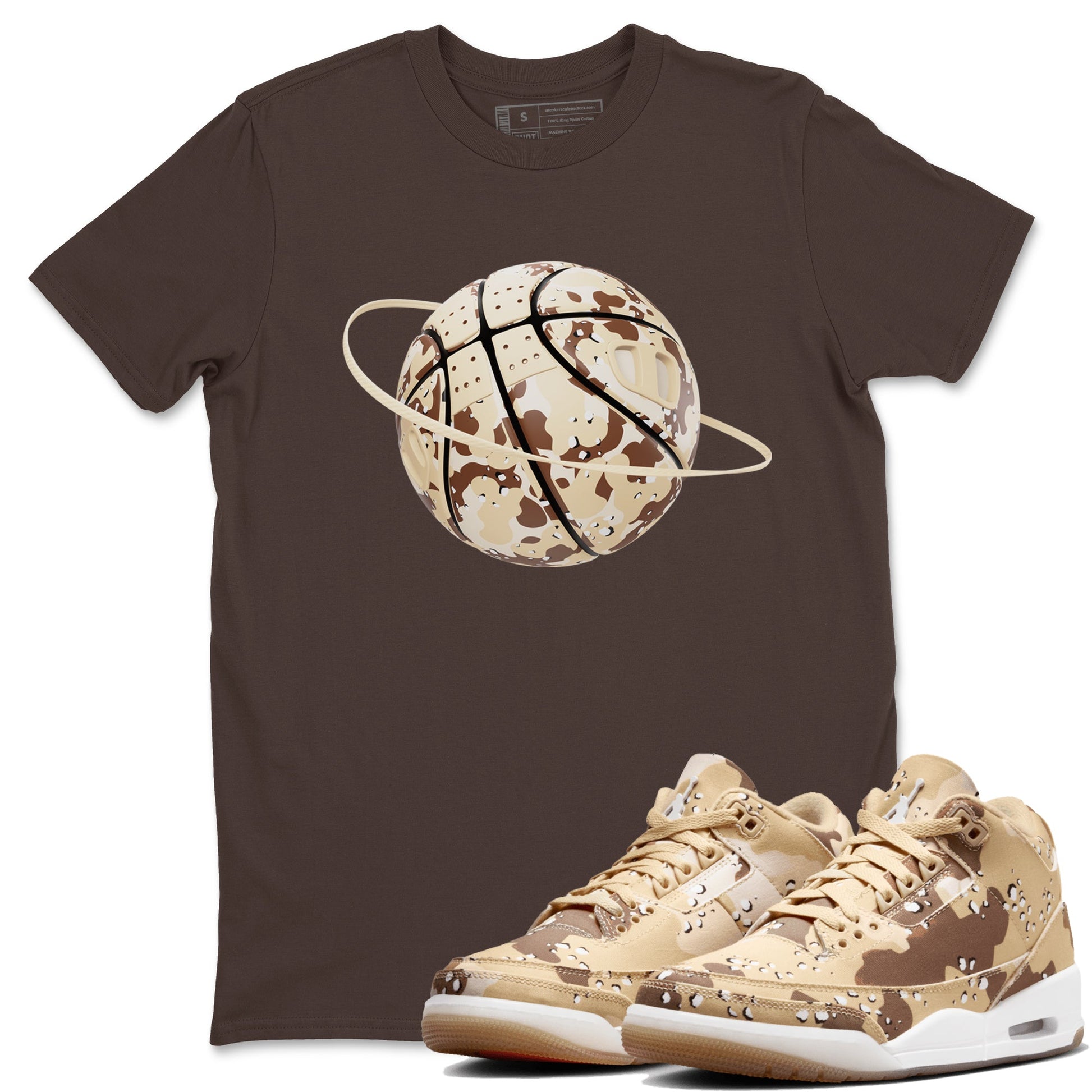 AJ3 Desert Camo shirts to match jordans Camo Basketball Planet sneaker match tees Air Jordan 3 Desert Camo SNRT Sneaker Tees streetwear brand Dark Chocolate 1 unisex cotton tee