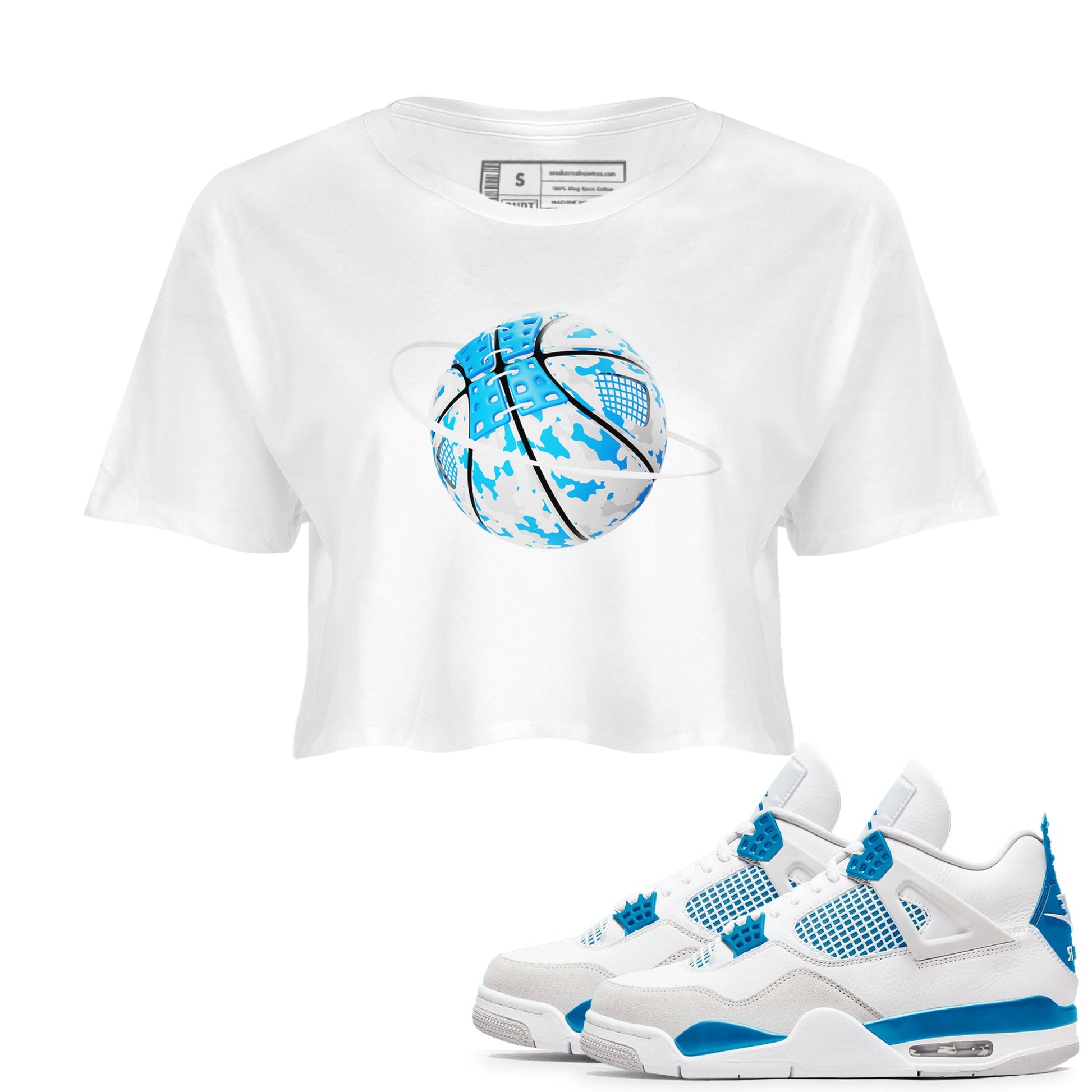 Air Jordan 4 Industrial Blue shirt to match jordans Camo Basketball Planet sneaker tees Air Jordan 4 Military Blue SNRT Sneaker Release Tees White 1 crop length shirt