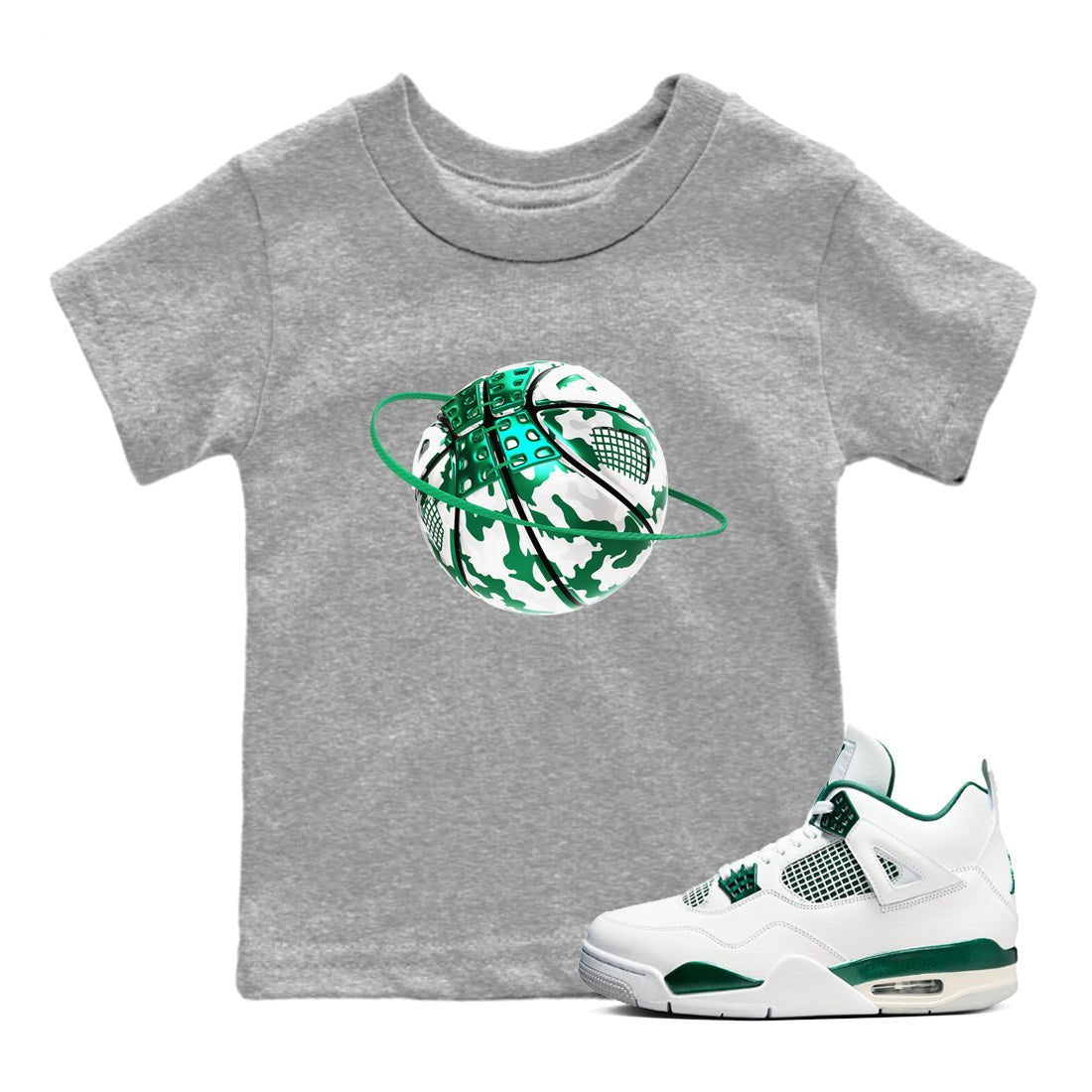 4s Oxidized Green shirts to match jordans Camo Basketball Planet sneaker match tees Air Jordan 4 Oxidized Green SNRT Sneaker Tees streetwear brand Baby and Youth Heather Grey 1 cotton tee