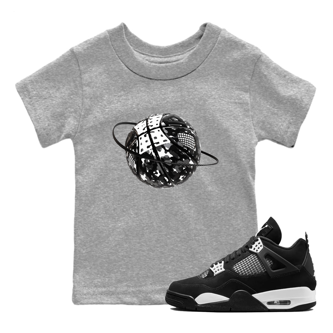 4s White Thunder shirts to match jordans Camo Basketball Planet sneaker match tees Air Jordan 4 White Thunder SNRT Sneaker Release Tees Youth Baby Heather Grey 1 crew neck shirts