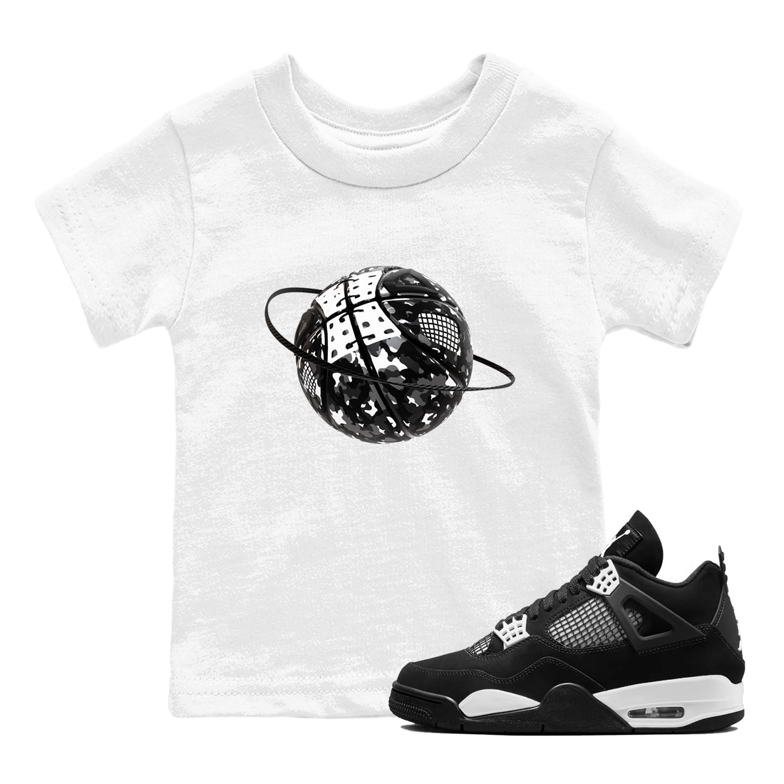 4s White Thunder shirts to match jordans Camo Basketball Planet sneaker match tees Air Jordan 4 White Thunder SNRT Sneaker Release Tees Youth Baby White 1 crew neck shirts