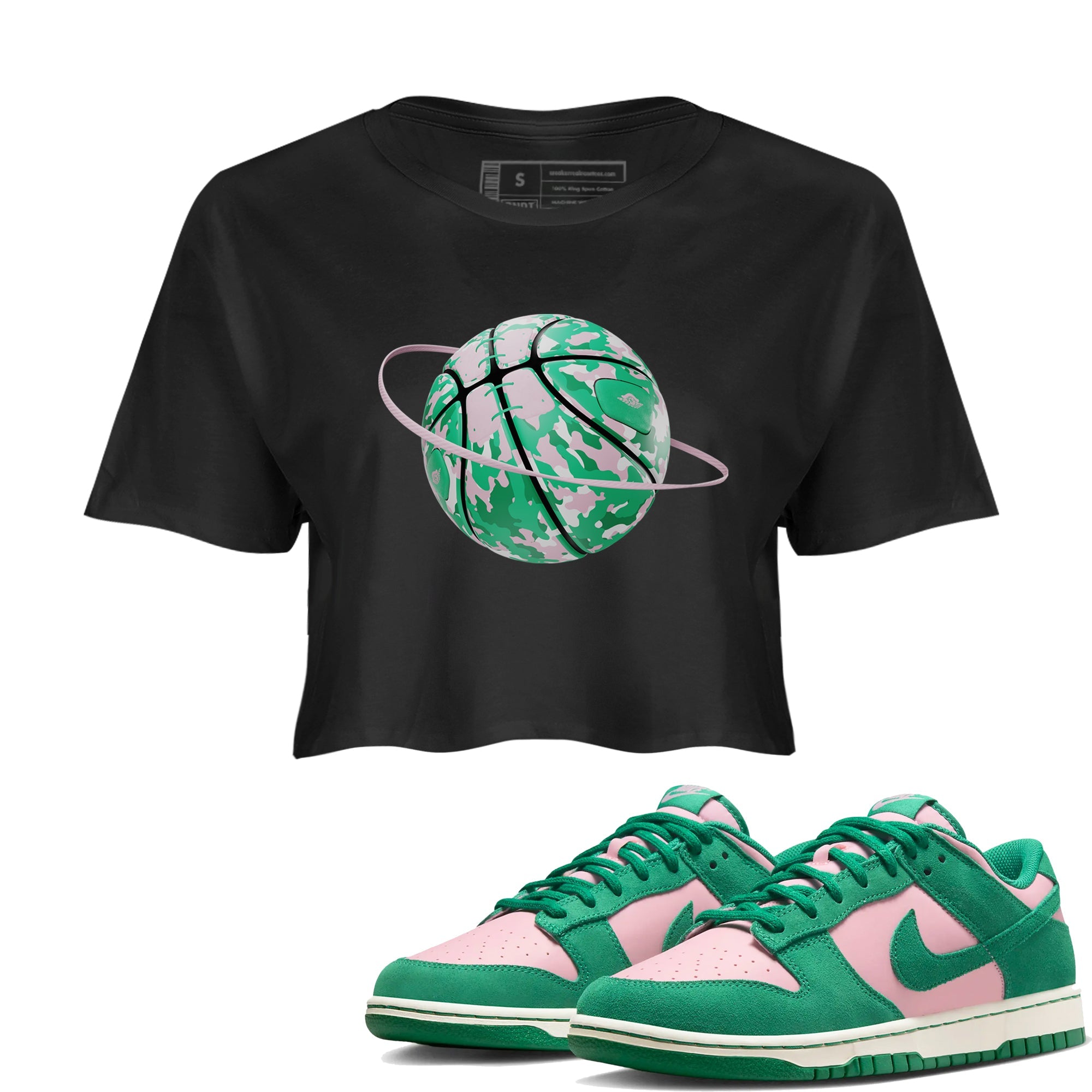 Dunk Low Medium Soft Pink Malachite shirt to match jordans Camo Basketball Planet sneaker tees Dunk Medium Soft Pink Malachite SNRT Sneaker Release Tees Black 1 crop length shirt