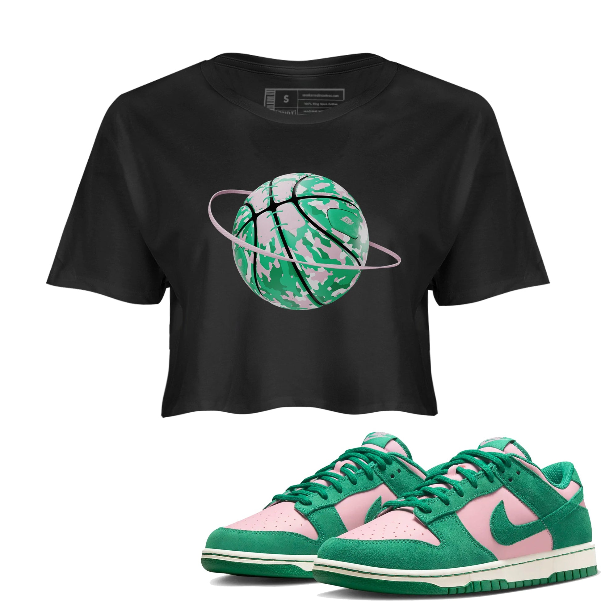 Dunk Low Medium Soft Pink Malachite shirt to match jordans Camo Basketball Planet sneaker tees Dunk Medium Soft Pink Malachite SNRT Sneaker Release Tees Black 1 crop length shirt