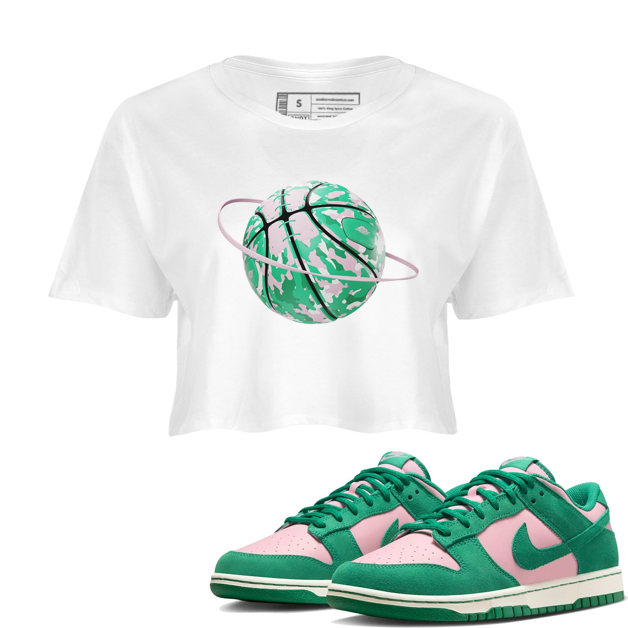 Dunk Low Medium Soft Pink Malachite shirt to match jordans Camo Basketball Planet sneaker tees Dunk Medium Soft Pink Malachite SNRT Sneaker Release Tees White 1 crop length shirt