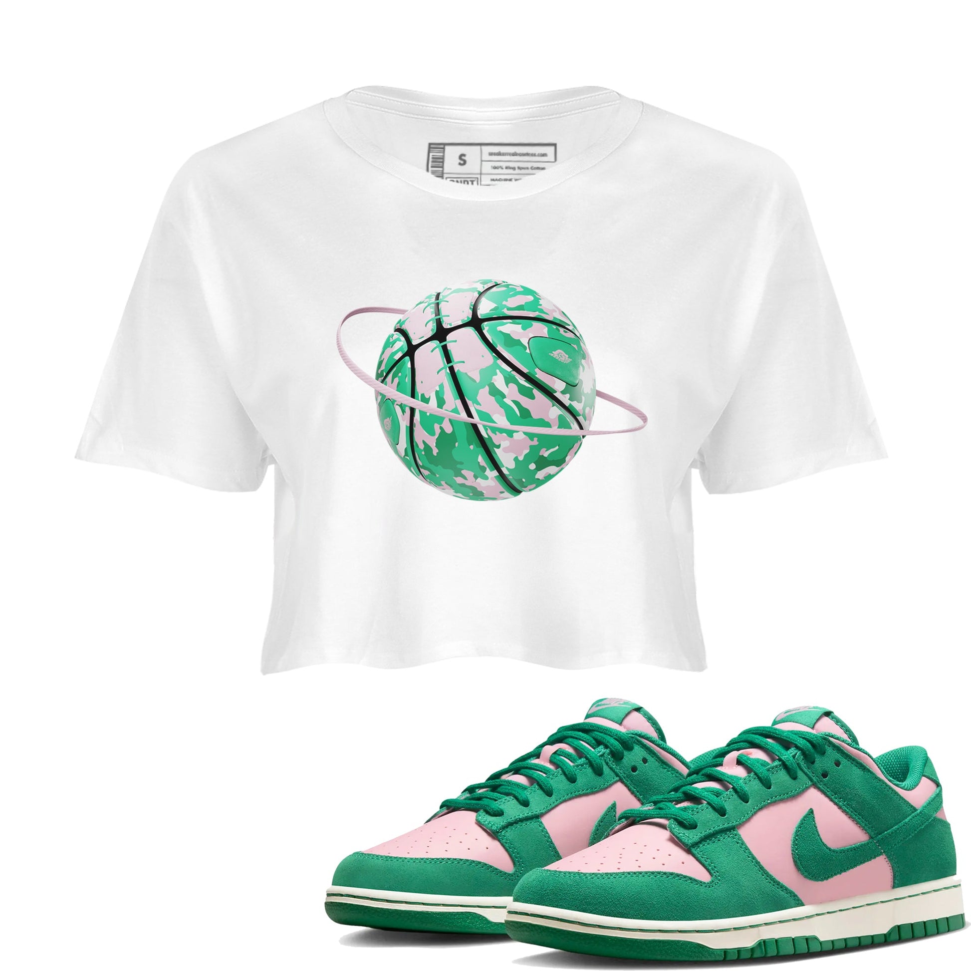Dunk Low Medium Soft Pink Malachite shirt to match jordans Camo Basketball Planet sneaker tees Dunk Medium Soft Pink Malachite SNRT Sneaker Release Tees White 1 crop length shirt