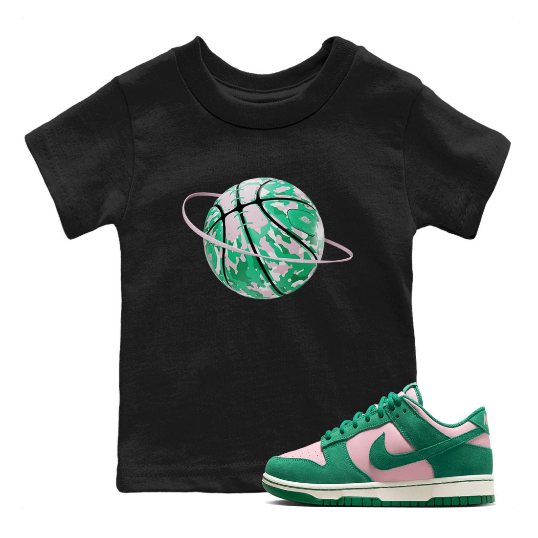 Dunk Low Medium Soft Pink Malachite shirt to match jordans Camo Basketball Planet sneaker tees Dunk Medium Soft Pink Malachite SNRT sneaker release tees baby toddler Black 1 cotton Shirt
