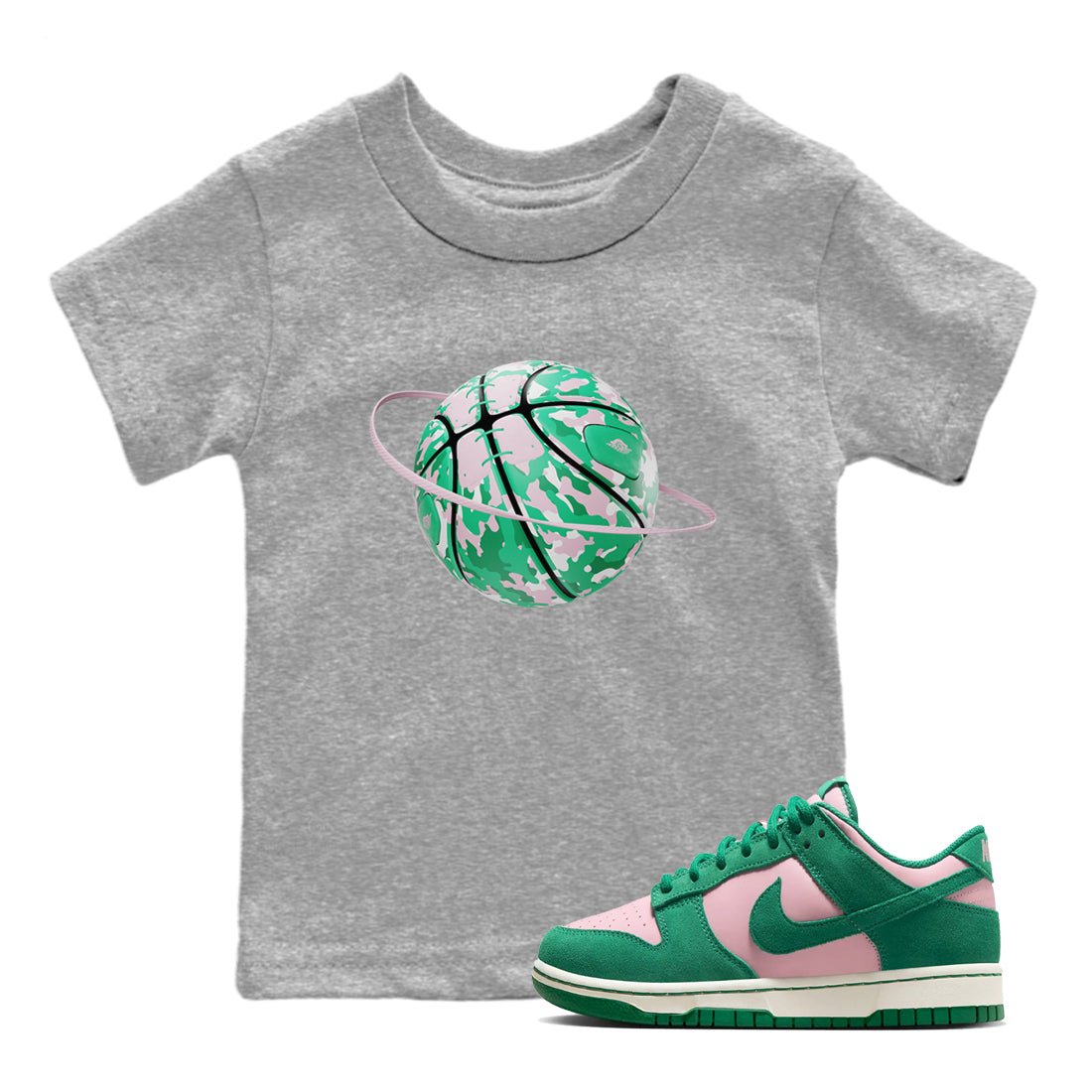 Dunk Low Medium Soft Pink Malachite shirt to match jordans Camo Basketball Planet sneaker tees Dunk Medium Soft Pink Malachite SNRT sneaker release tees baby toddler Heather Grey 1 cotton Shirt
