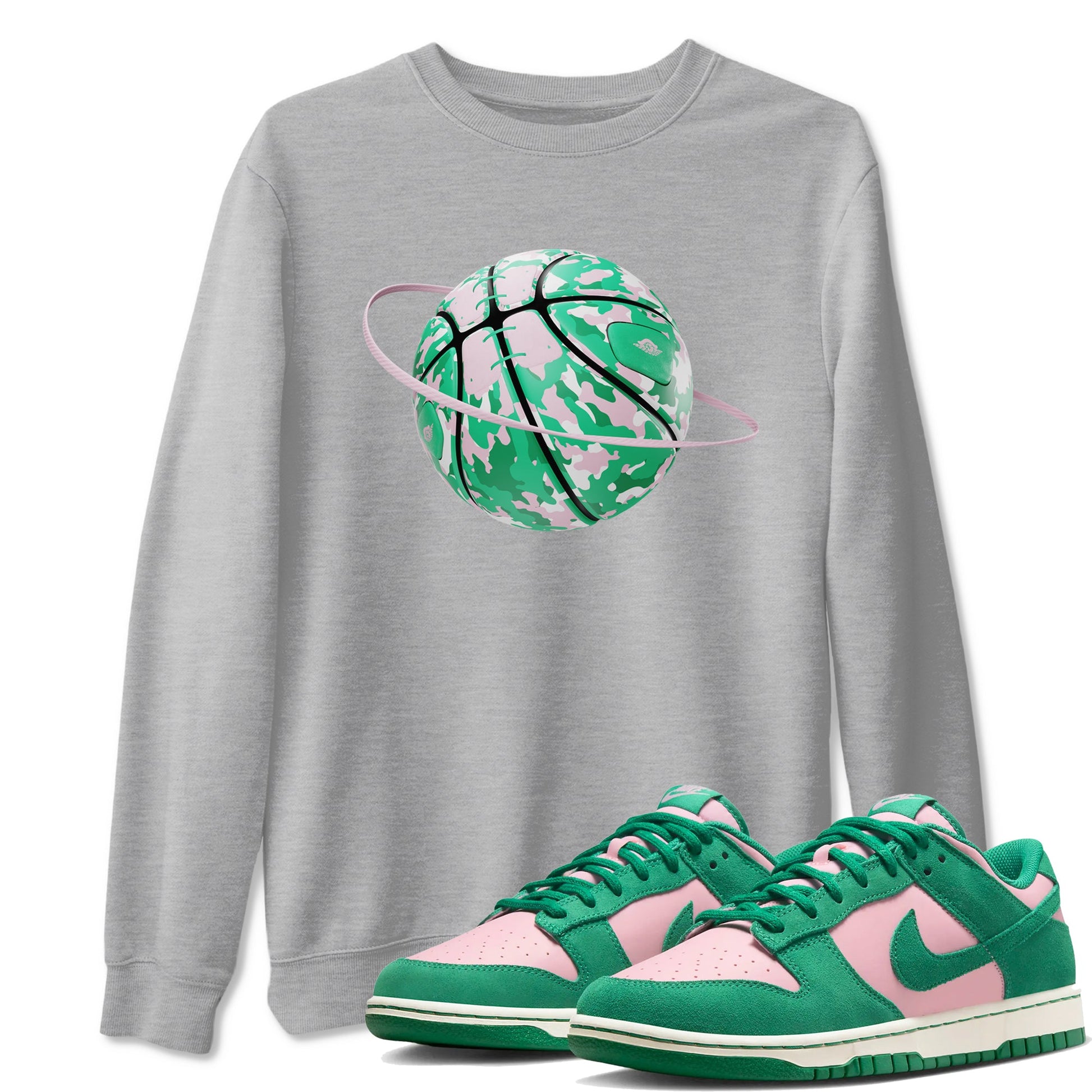 Dunk Low Medium Soft Pink Malachite shirt to match jordans Camo Basketball Planet sneaker tees Dunk Medium Soft Pink Malachite SNRT Sneaker Release Tees unisex cotton Heather Grey 1 crew neck shirt