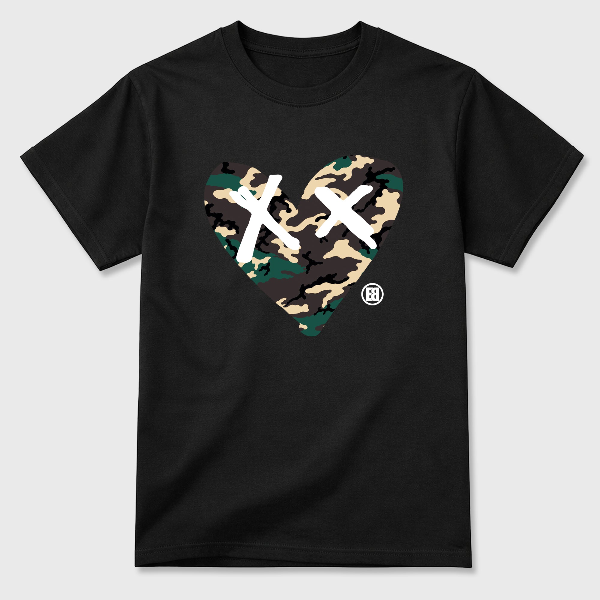 Camo Heart Graphic T-Shirt featuring original streetwear artwork designed to match the Air Foamposite Pro Green Camo. Black 2 Graphic T-Shirt.