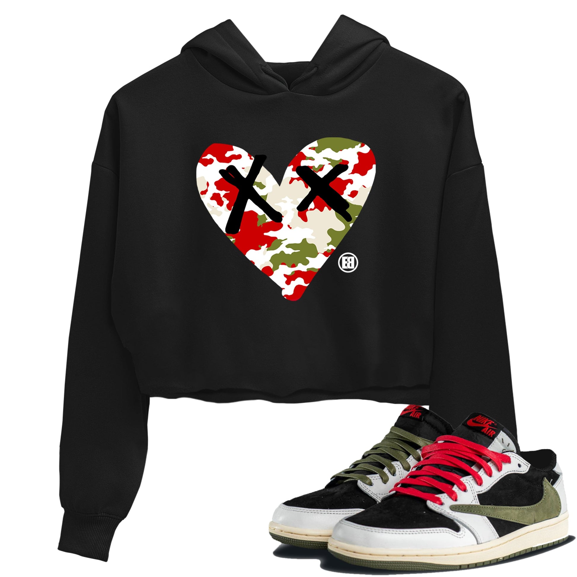 1s Travis Scott Olive shirts to match jordans Camo Heart best t shirts to wear with jordans AJ1 Retro Travis Scott Olive match shoes to clothes SNRT Sneaker Tees unisex cotton Black 1 crop tee