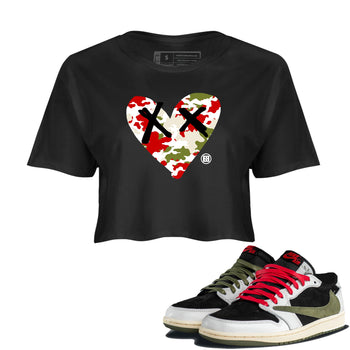1s Travis Scott Olive shirts to match jordans Camo Heart best t shirts to wear with jordans AJ1 Retro Travis Scott Olive match shoes to clothes SNRT Sneaker Tees unisex cotton Black 1 crop tee