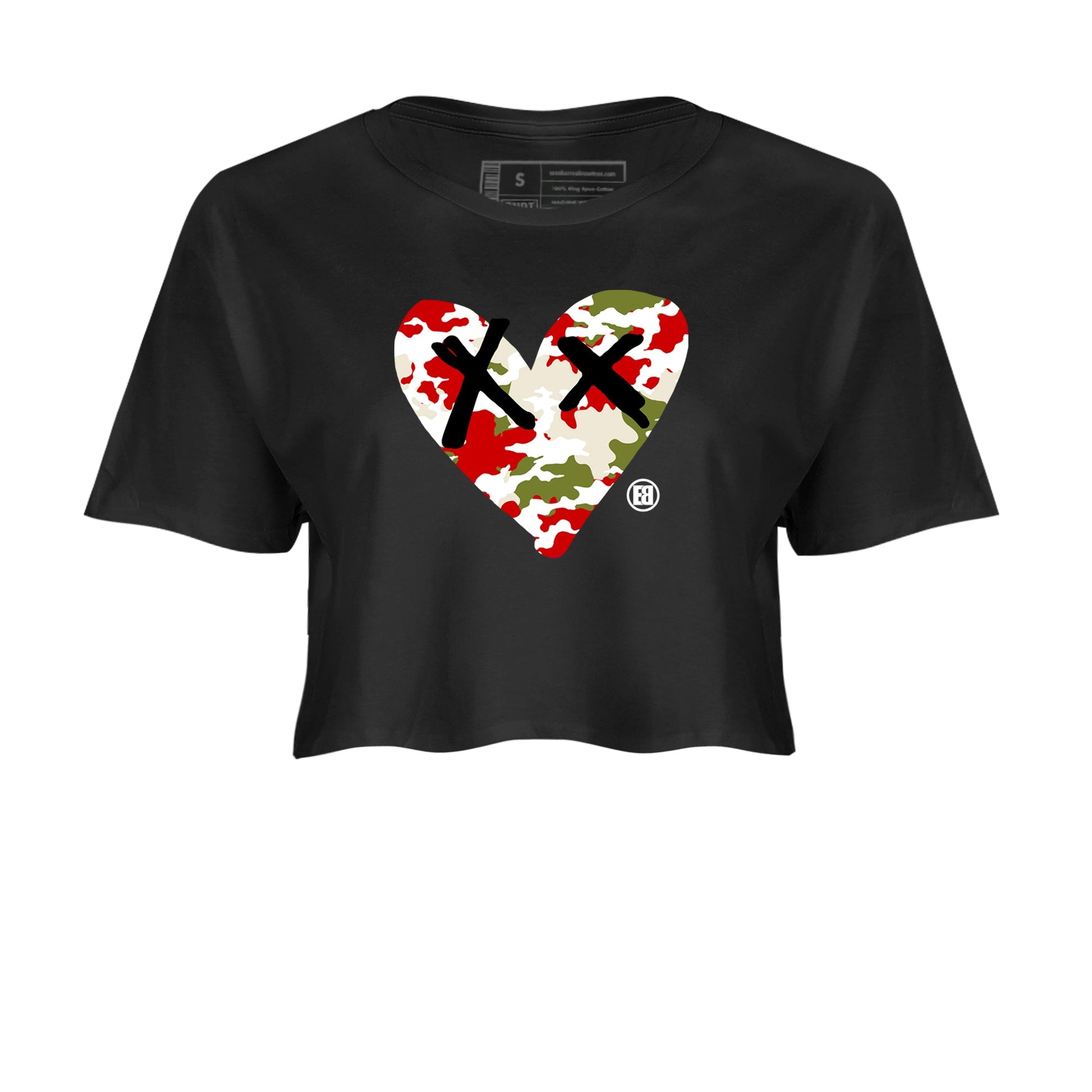 1s Travis Scott Olive shirts to match jordans Camo Heart best t shirts to wear with jordans AJ1 Retro Travis Scott Olive match shoes to clothes SNRT Sneaker Tees unisex cotton Black 2 crop tee