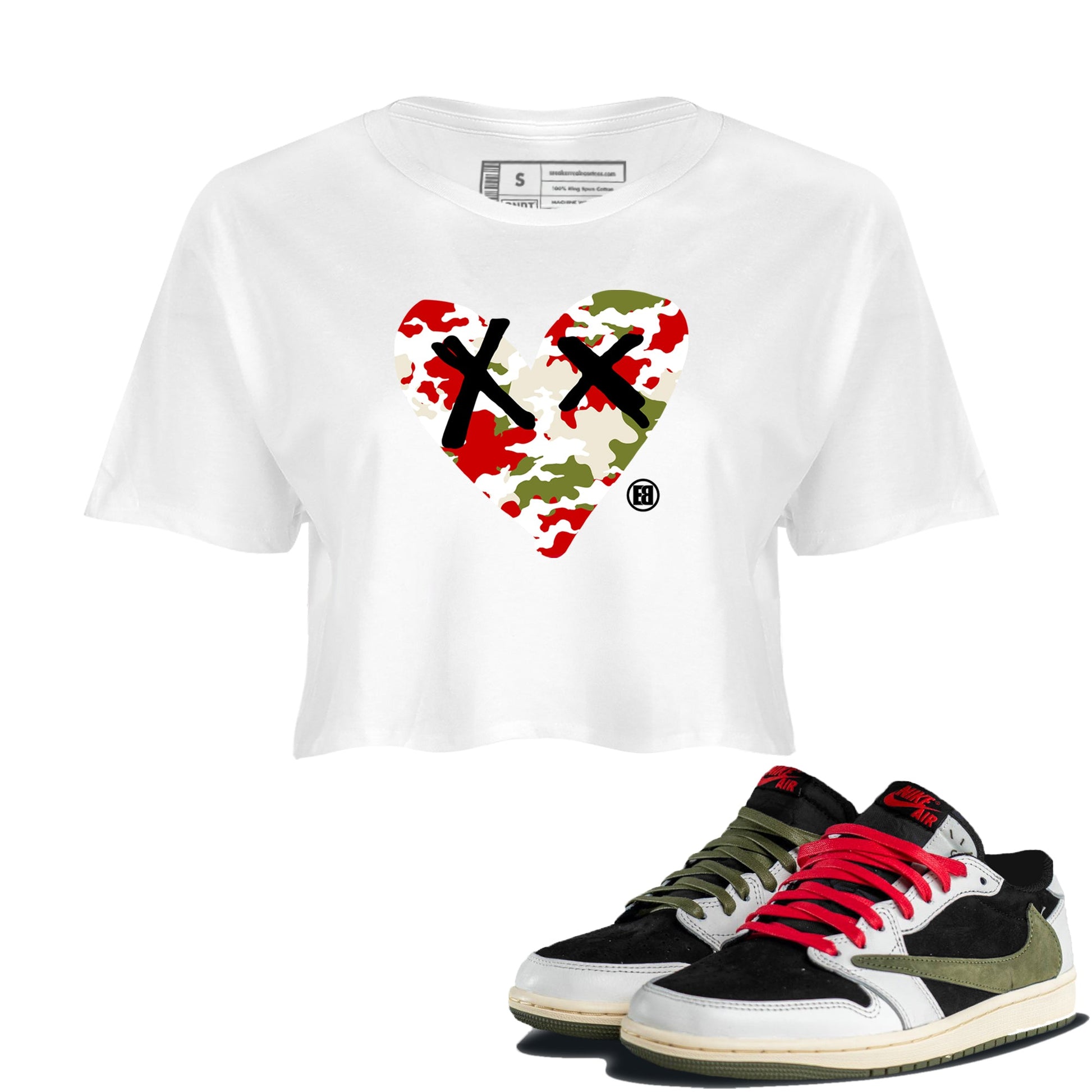 1s Travis Scott Olive shirts to match jordans Camo Heart best t shirts to wear with jordans AJ1 Retro Travis Scott Olive match shoes to clothes SNRT Sneaker Tees unisex cotton White 1 crop tee