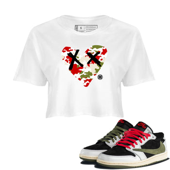 1s Travis Scott Olive shirts to match jordans Camo Heart best t shirts to wear with jordans AJ1 Retro Travis Scott Olive match shoes to clothes SNRT Sneaker Tees unisex cotton White 1 crop tee