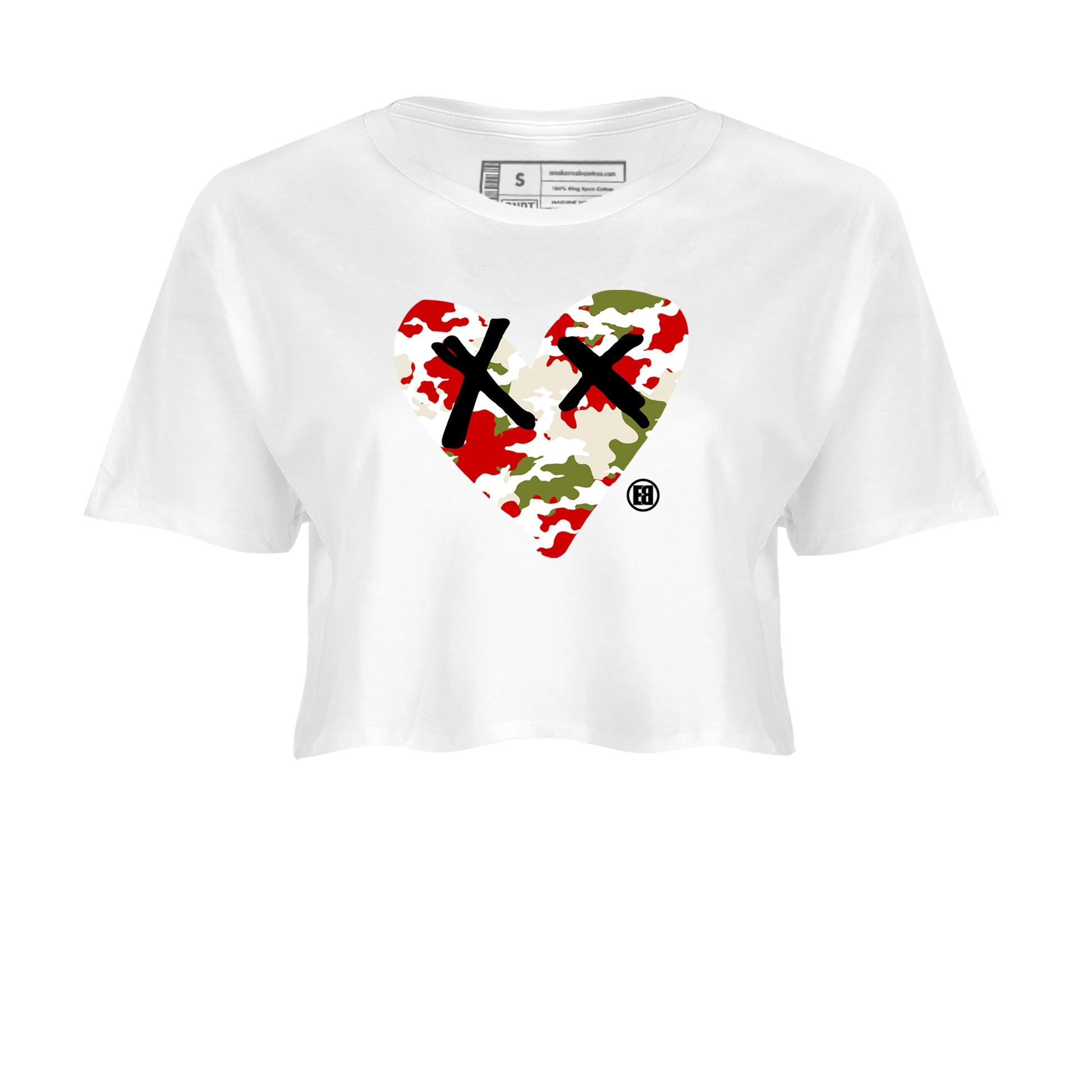 1s Travis Scott Olive shirts to match jordans Camo Heart best t shirts to wear with jordans AJ1 Retro Travis Scott Olive match shoes to clothes SNRT Sneaker Tees unisex cotton White 2 crop tee